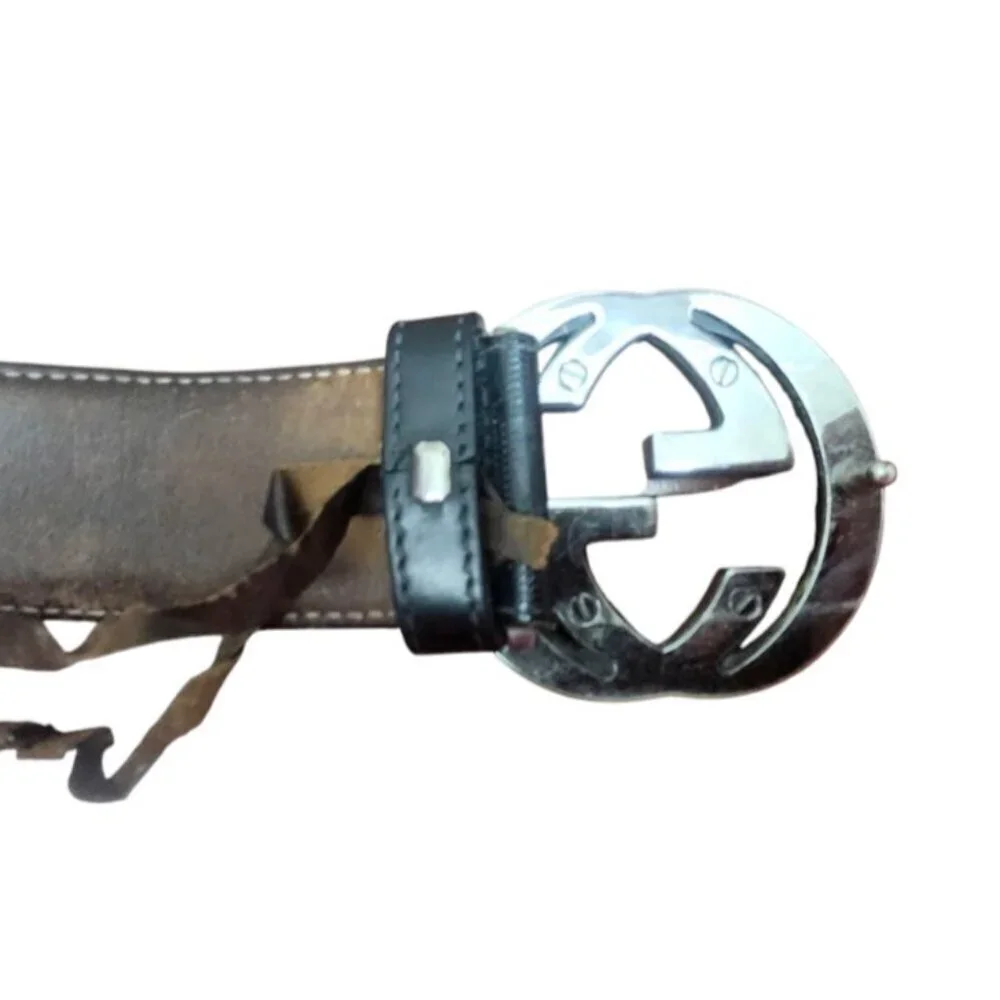 Gucci Black Shiny Imprime Belt With Black Interlinking GG Buckle